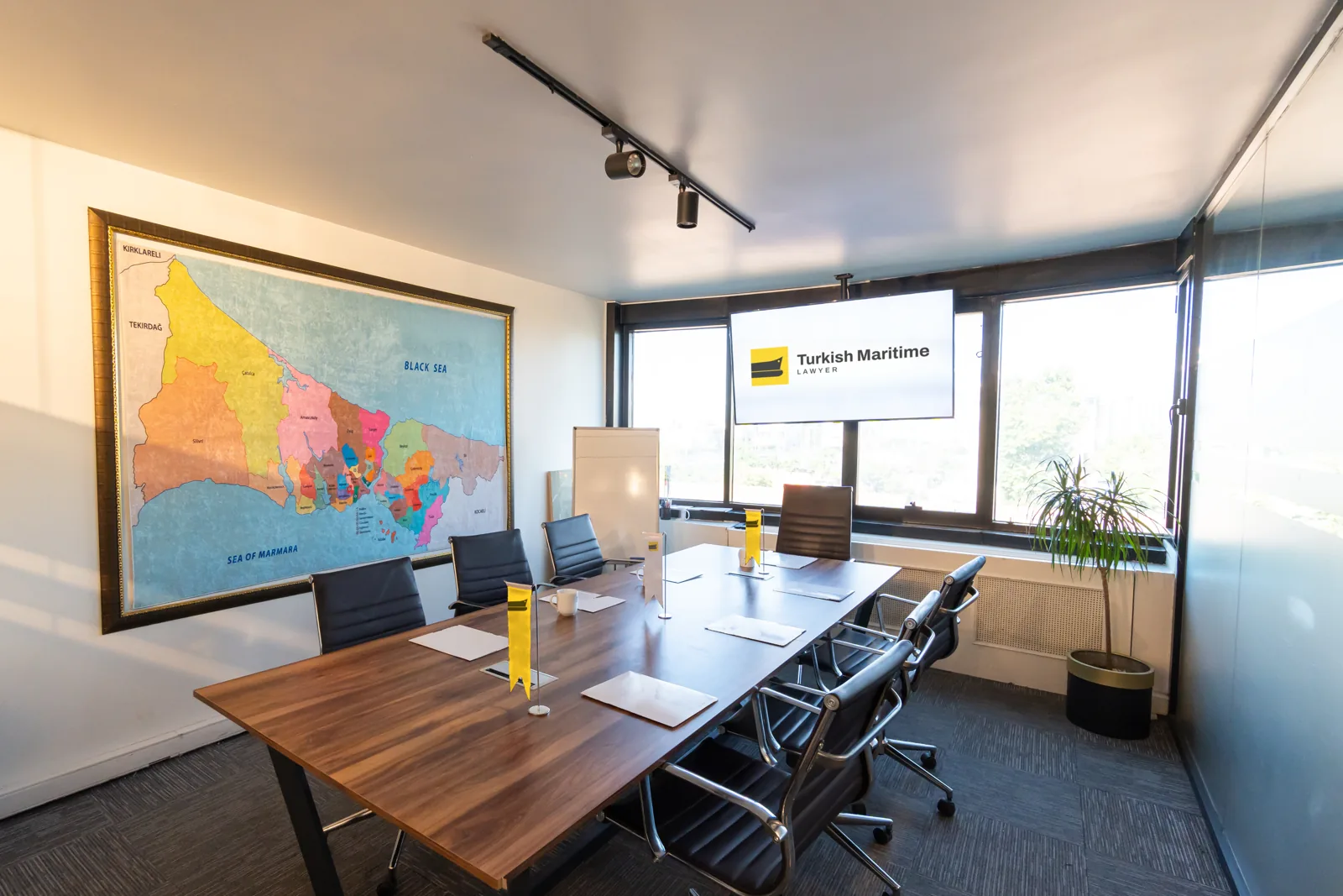 Meeting room at the Istanbul office, with a wall map of Istanbul between the Black Sea and the Sea of Marmara